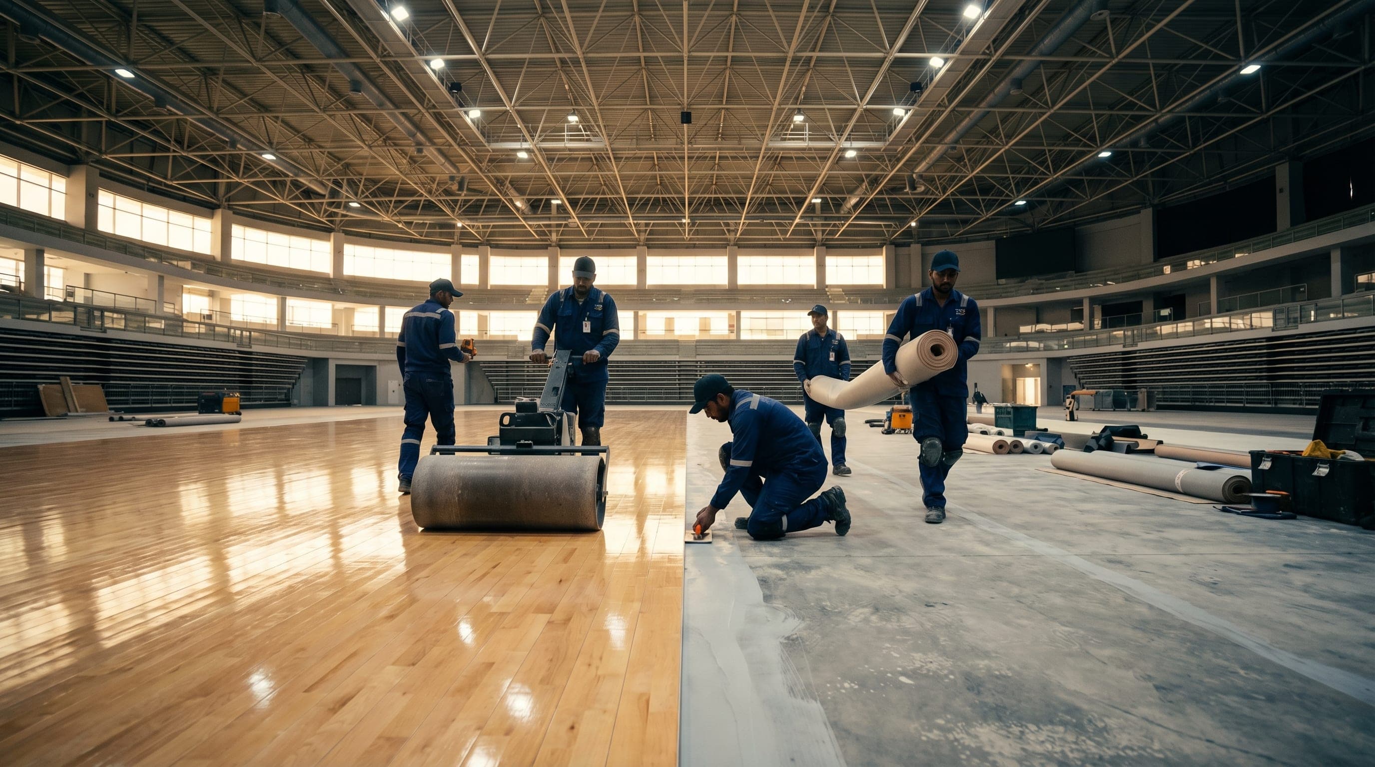 Ayana Trading & Contracting installation team at work on a sports flooring project in Doha, Qatar.