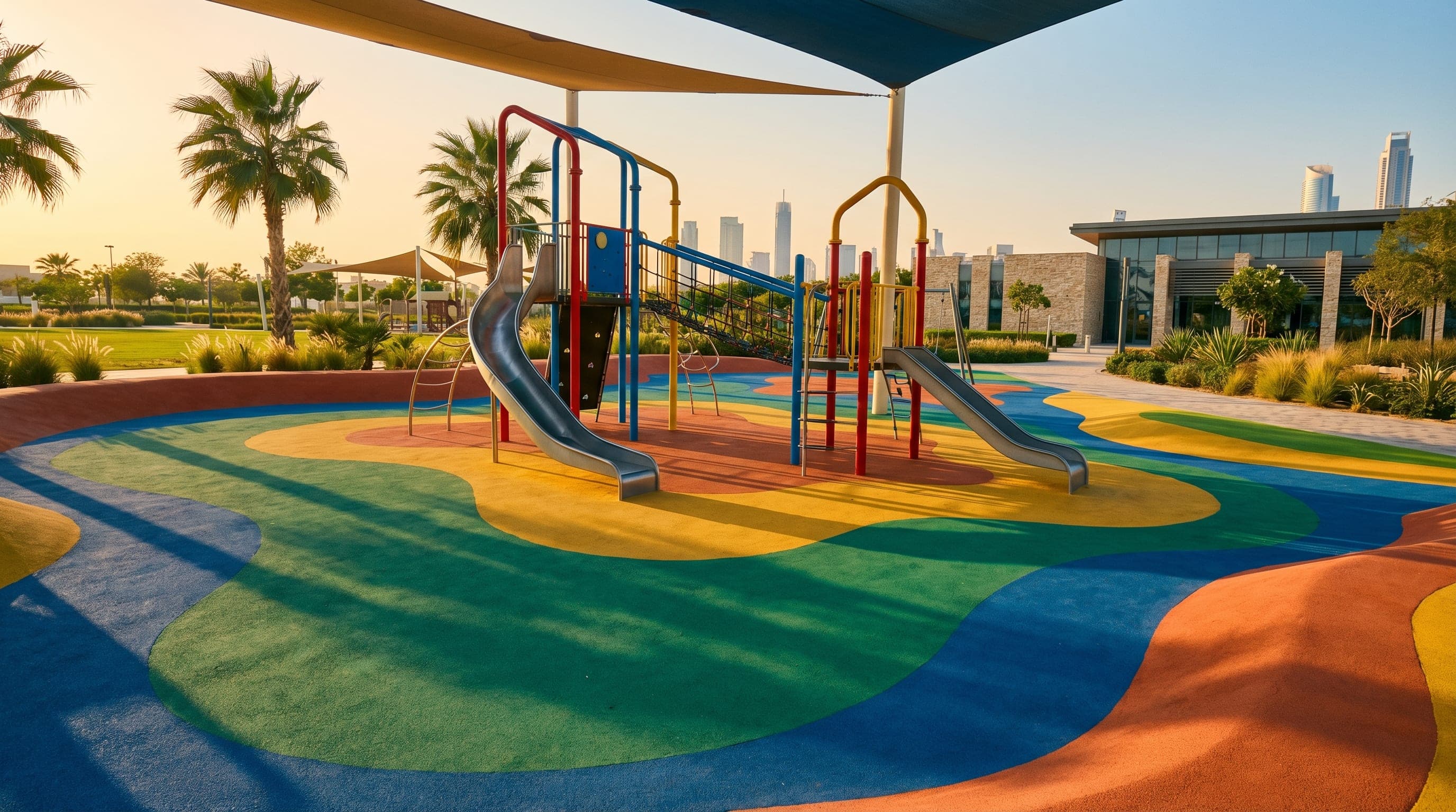 EN 1177 certified impact-attenuating kids playground surfacing installed by Ayana in Doha, Qatar.