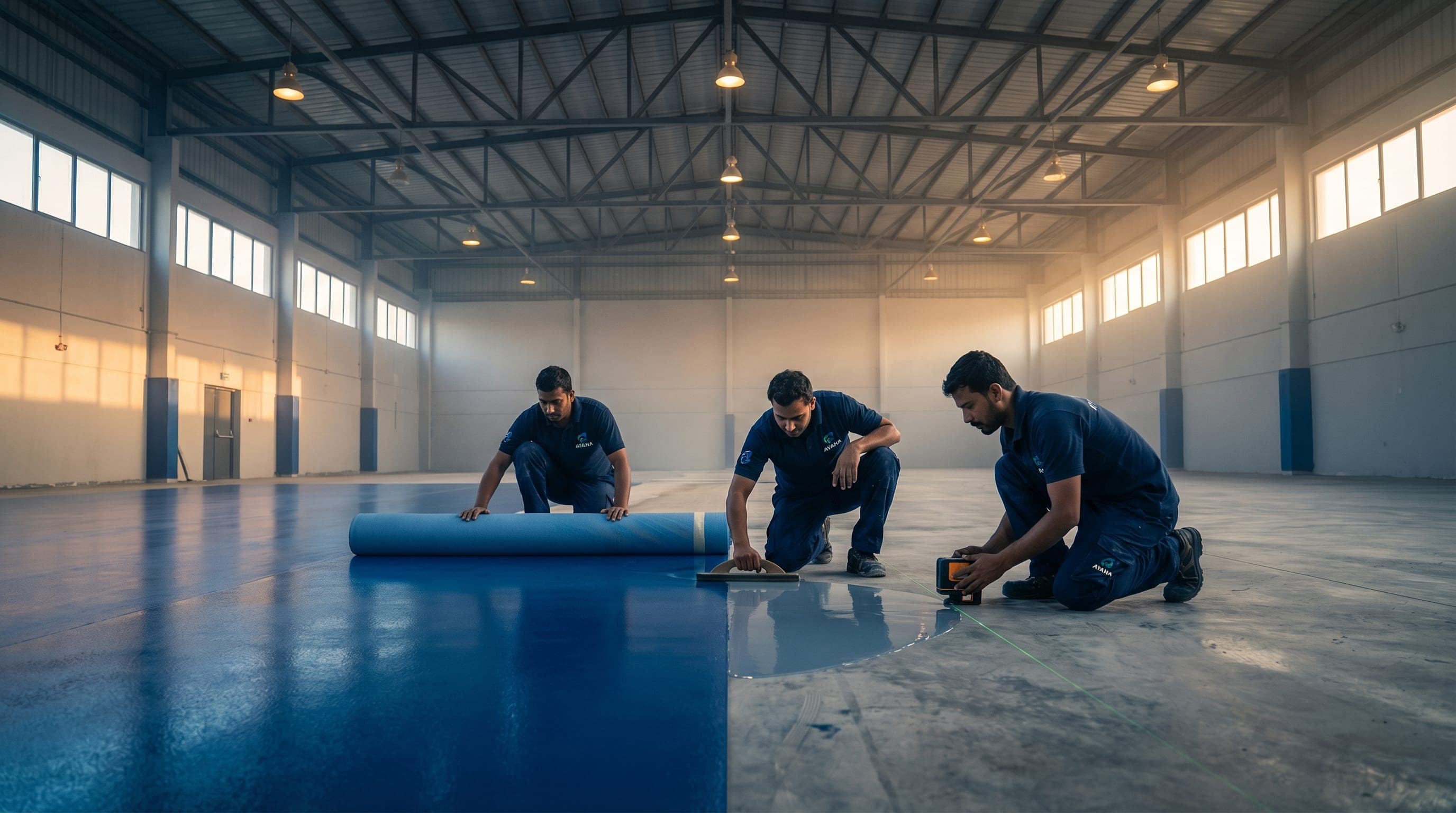 Ayana Trading & Contracting team installing professional sports flooring in Doha, Qatar.