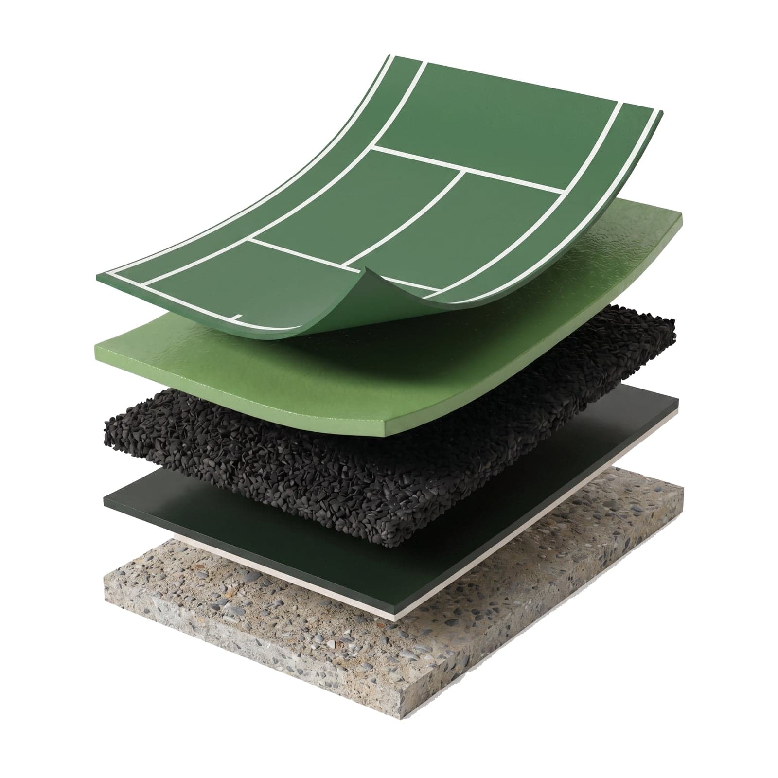 ITF certified acrylic outdoor sports court layers — line marking, color coats, cushion coat, acrylic resurfacer, primer and concrete base.