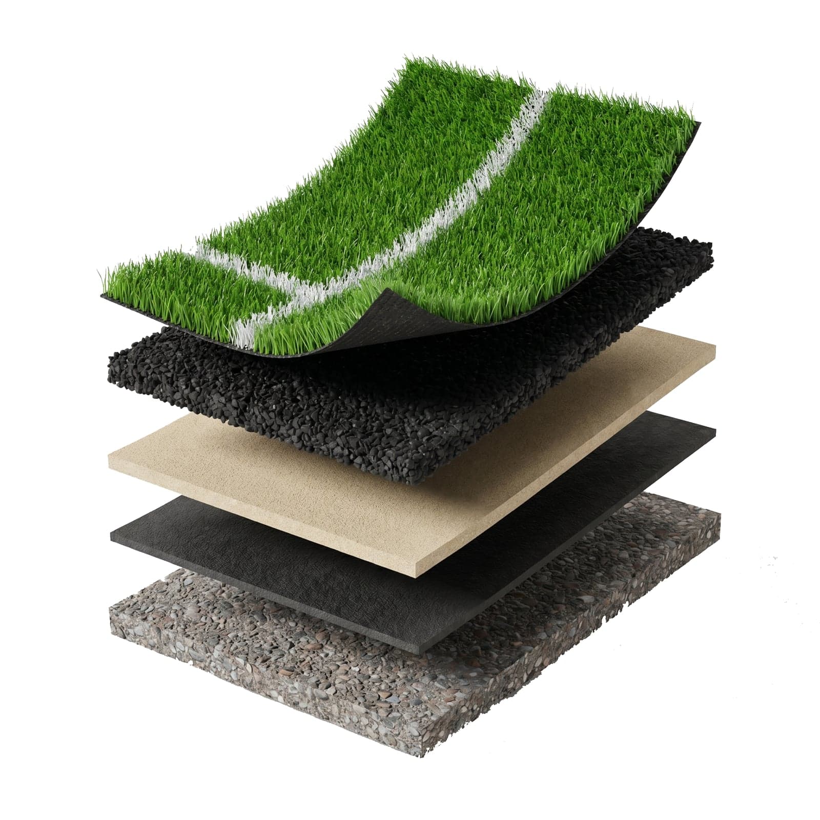 FIFA Quality Pro artificial turf system layers — monofilament PE grass, SBR performance infill, silica sand stabiliser, shockpad and crushed stone sub-base.