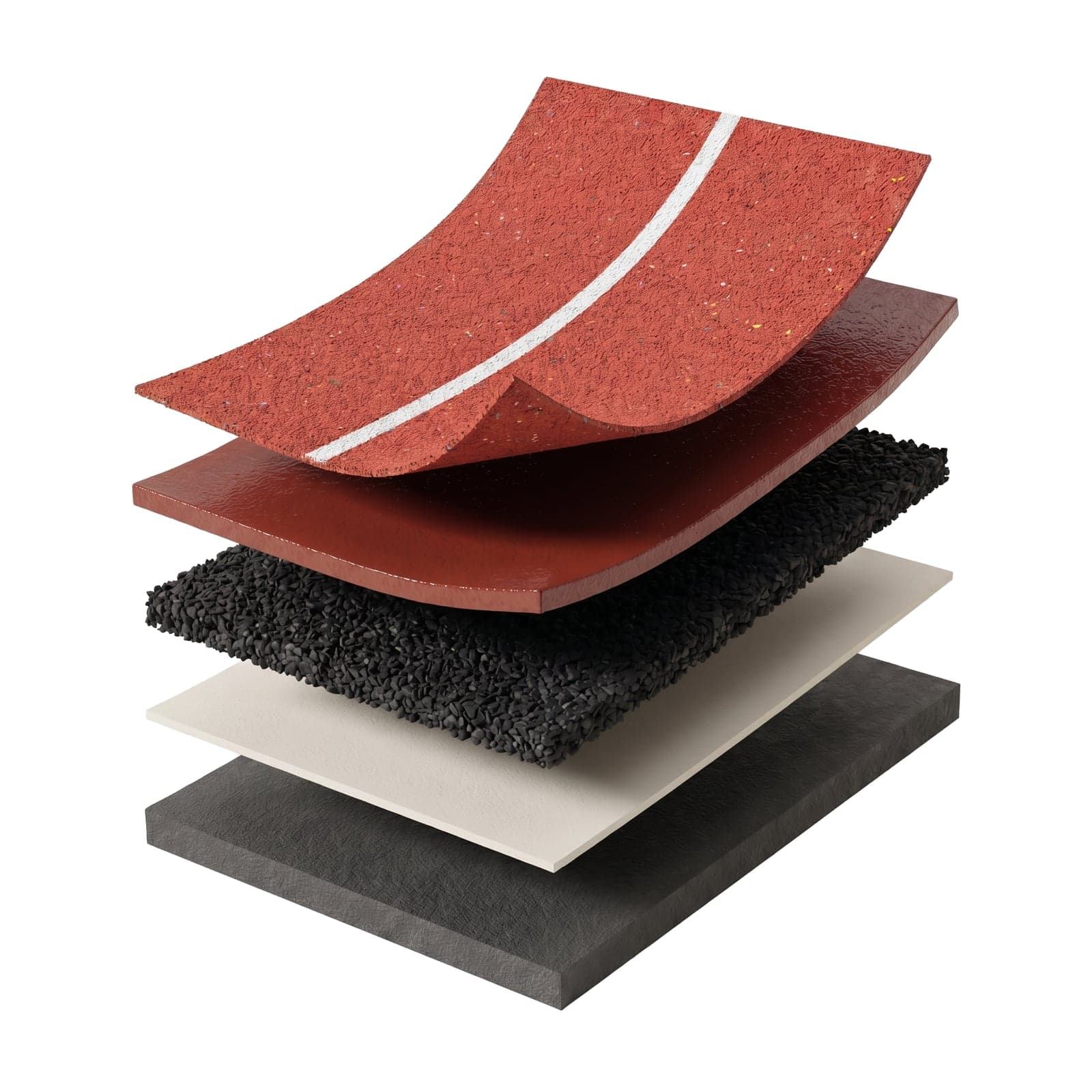 IAAF compliant EPDM running track system layers — coloured EPDM surface with PU binder, PU binder layer, SBR rubber base, primer and asphalt base.