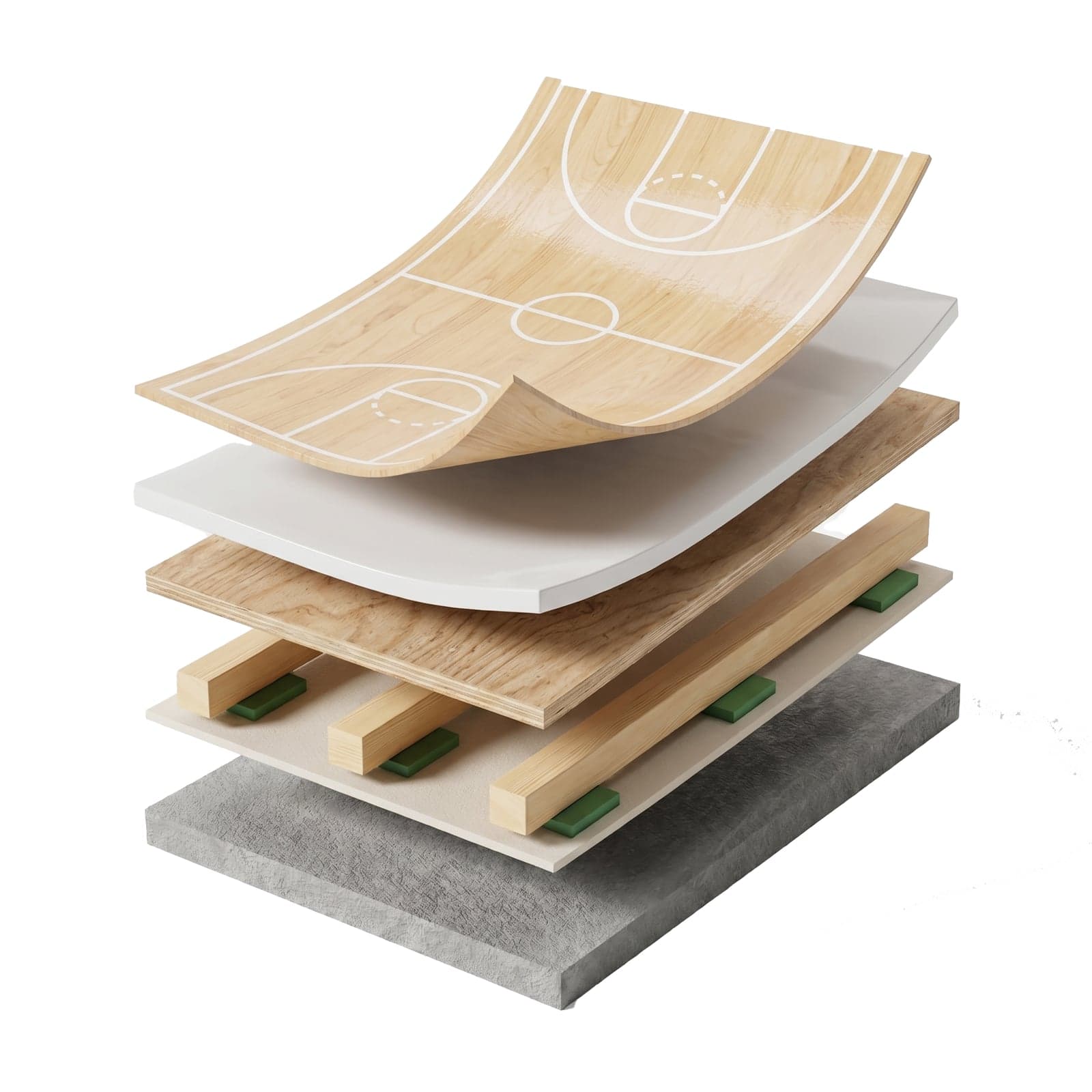 DIN 18032-2 certified maple hardwood sports floor system layers — UV finish, maple panels, moisture barrier, plywood, sleepers and concrete substrate.