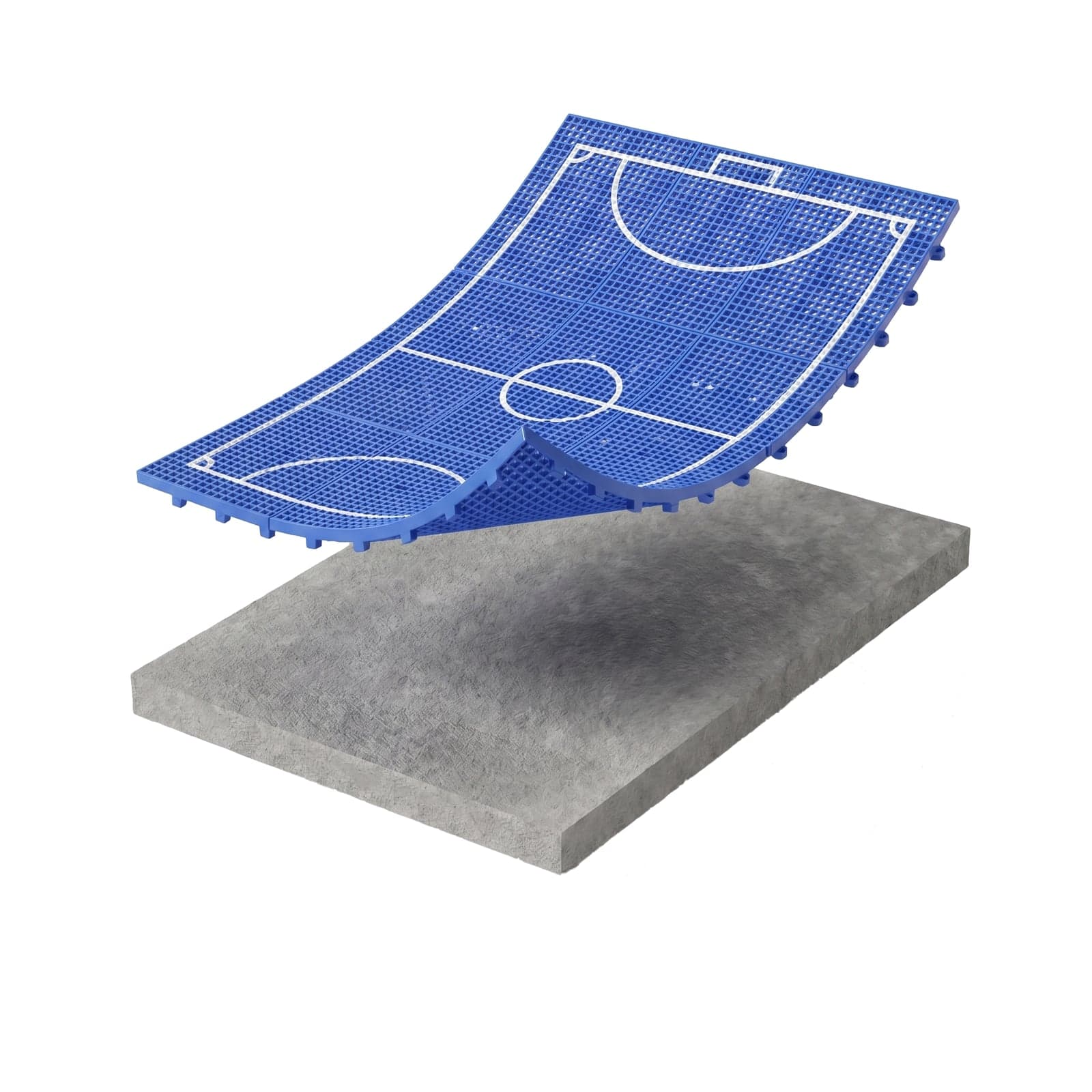 FIBA-approved modular sports tile system layers — polypropylene interlocking tiles laid directly on a level concrete substrate.
