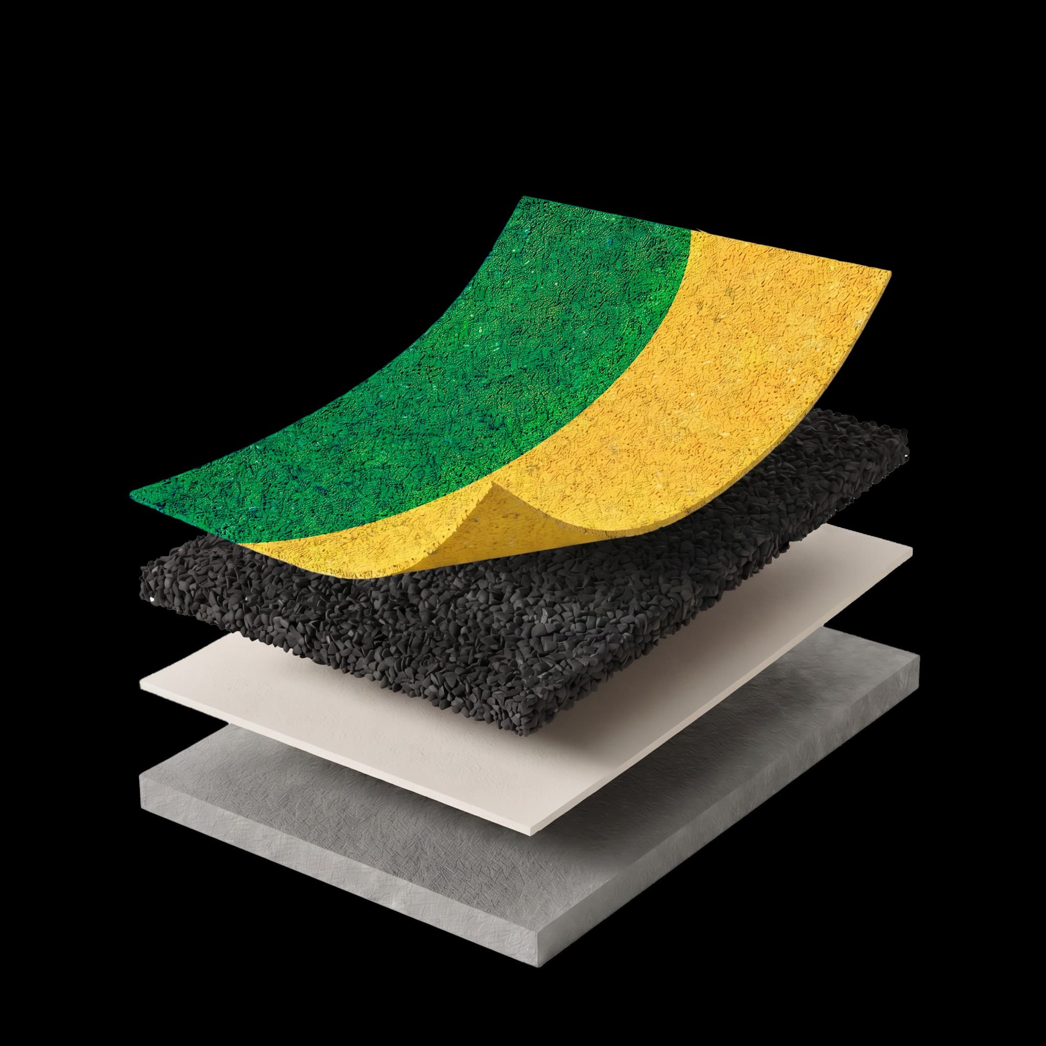 EN 1177 Playflex wet-pour EPDM playground surfacing system layers — EPDM wear layer, SBR shock pad base, PU primer and concrete/asphalt sub-base.