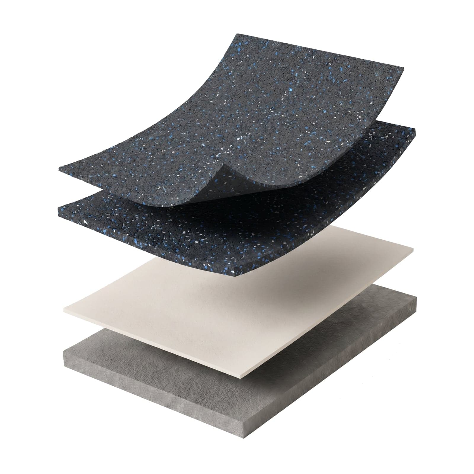 ASTM F2772 vulcanized rubber sports flooring layers — EPDM-speckled rubber sheet, PU adhesive bond and concrete subfloor.
