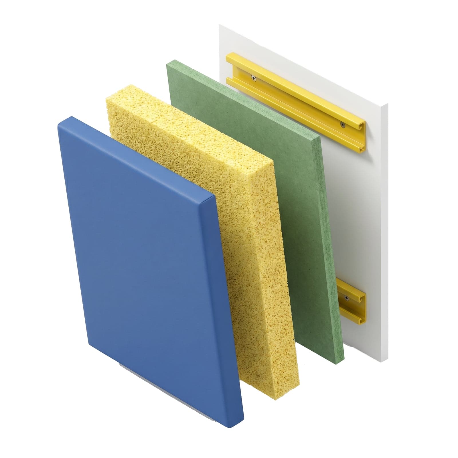 EN 14904 safety wall panel system layers — PVC outer cover, closed-cell PU foam core, plywood substrate and concealed mounting frame.