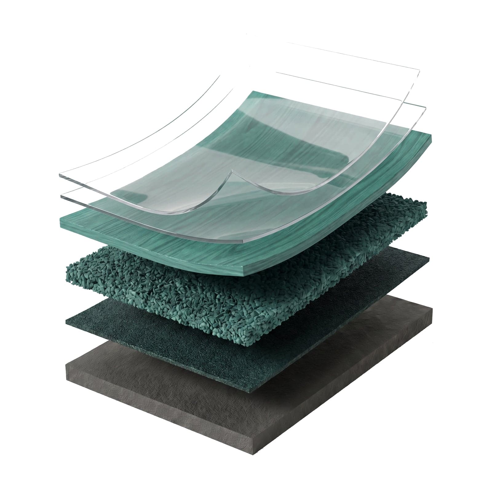 EN 14904 vinyl sports flooring layers — PUR protective coating, embossed PVC wear layer, decorative print, glass-fibre core and foam grip backing.